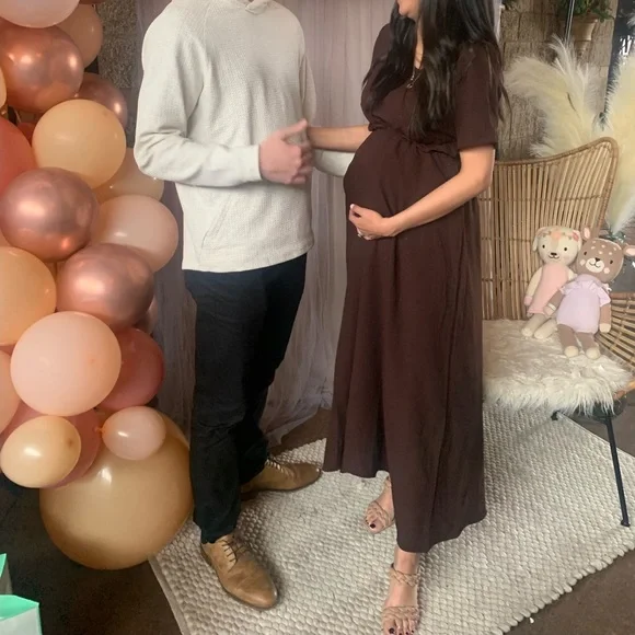chocolate brown maternity dress Gold Asymmetric Maternity Gown with tulle Train, Gender Reveal Dress  Chic  Bump Club